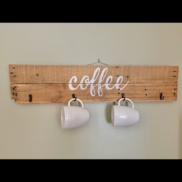 Reclaimed Wood Coffee Sign W Mug Hooks - Picture 2 of 5